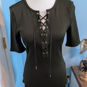 White House Black Market Olive Green Lace-Up Ribbed Tee